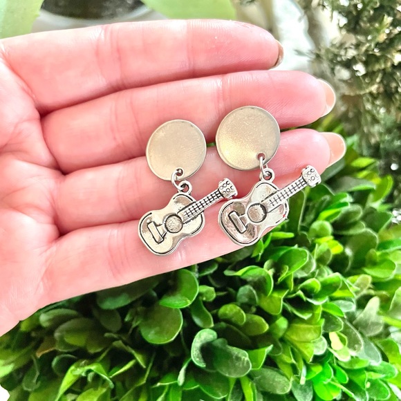 Silver Guitar Dangle Earrings - Picture 2 of 5